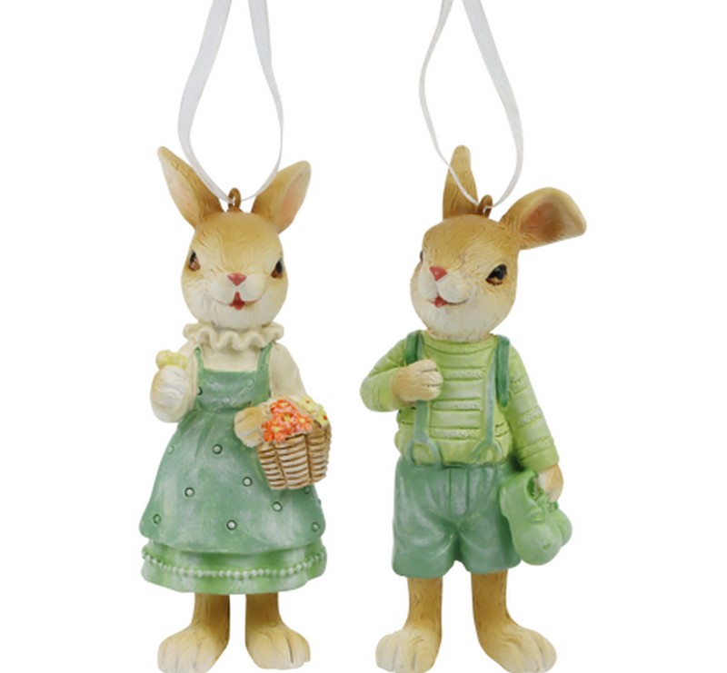 Coniglio con vestito verde in resina da appendere in 2 varianti assortite, perfetto per le tue decorazioni di Pasqua